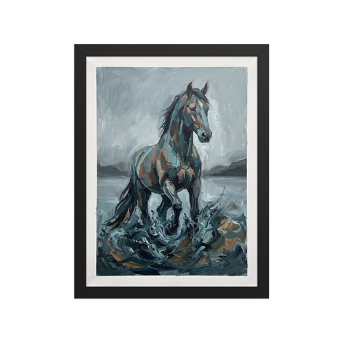 'The Water Horse'. An impasto oil painting of a majestic horse emerging from crashing water in dark greys and teals, perfect for a moody Office. Offered as a Impressionism print.