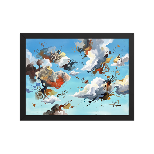 Abstract cloud formations and organic lattices float across a blue sky in this dynamic modern artwork for a serene office space. Available as the Dau-al-Set art print 'Celestial Alchemy'.