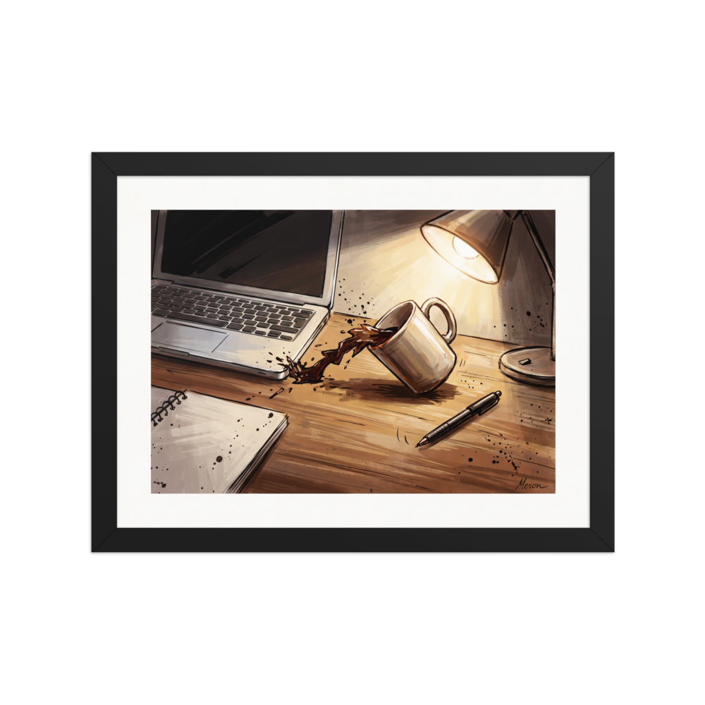 An expressive illustration of coffee spilling onto a desk next to a laptop under lamp light in an office. Shown here as the Digital art print 'The Coffee Spill'.