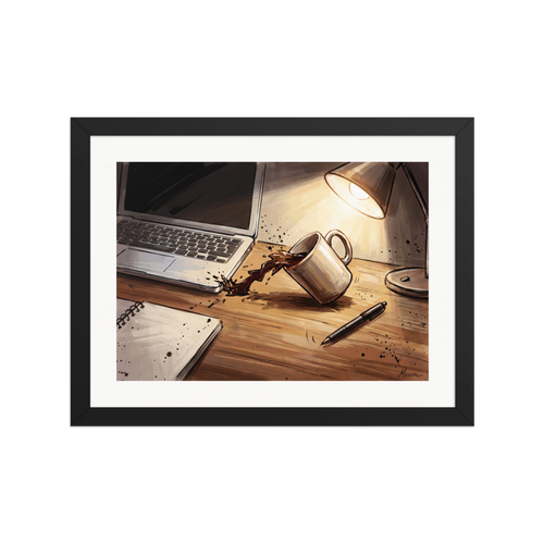 An expressive illustration of coffee spilling onto a desk next to a laptop under lamp light in an office. Shown here as the Digital art print 'The Coffee Spill'.