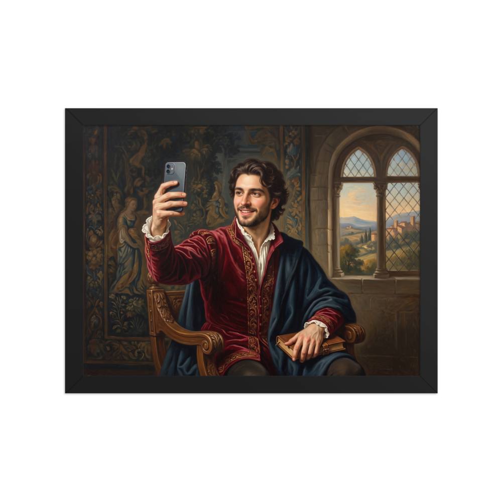 Renaissance wall art exploring history, 'The Courtly Selfie'. An oil painting of a smiling Renaissance nobleman in crimson velvet holding a book and taking a selfie with a smartphone before a classical landscape window, perfect for a living room.