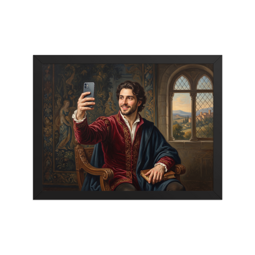 Renaissance wall art exploring history, 'The Courtly Selfie'. An oil painting of a smiling Renaissance nobleman in crimson velvet holding a book and taking a selfie with a smartphone before a classical landscape window, perfect for a living room.