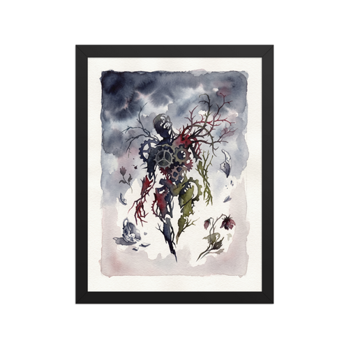 A brooding scene in slate gray and dark red, 'Clockwork Fragility'. A surreal watercolor painting of a human silhouette made of clockwork gears and thorny tree branches next to a shattered teacup and wilting flowers, ideal for a studio.