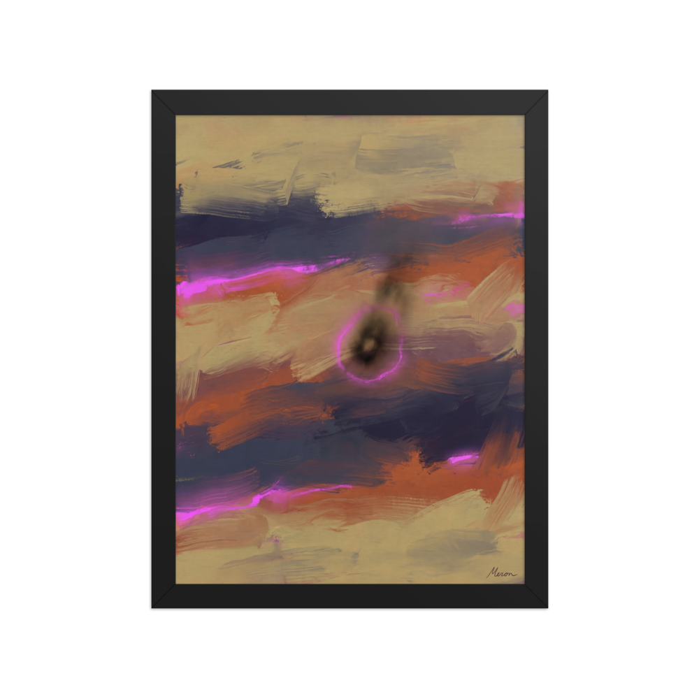 Wall art print 'Neon Singularity' in a Abstract expressionism style. Electric magenta light streaks and a glowing central void over rust and indigo abstract canvas in a bedroom wall art setting.