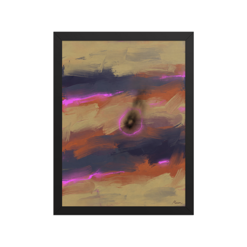 Wall art print 'Neon Singularity' in a Abstract expressionism style. Electric magenta light streaks and a glowing central void over rust and indigo abstract canvas in a bedroom wall art setting.