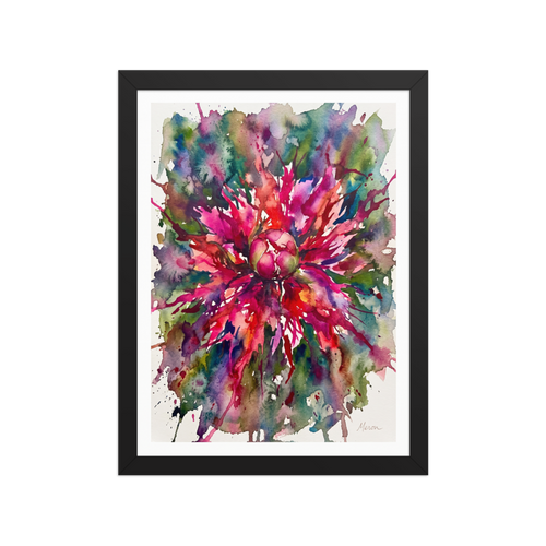 An expressive watercolor illustration of a magenta flower bursting into colorful splashes, ideal for dining room wall art. Available as the Abstract art art print 'Botanical Burst'.