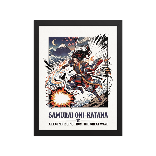 'Legend of the Wave', Shin hanga wall art in navy and orange red. An action comic illustration of a leaping female samurai with a flaming katana before Mount Fuji and ocean waves, ideal for game room wall art.