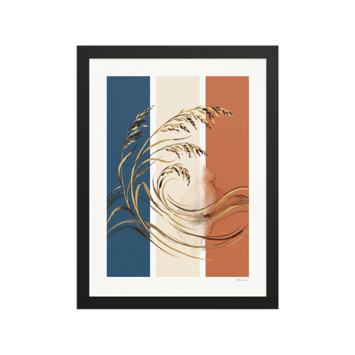 Abstract art wall art for the living room, 'Golden Prairie Trio'. Sweeping golden wild oats drawing layered across denim blue, off-white, and rust orange color blocks, ideal for a living room.