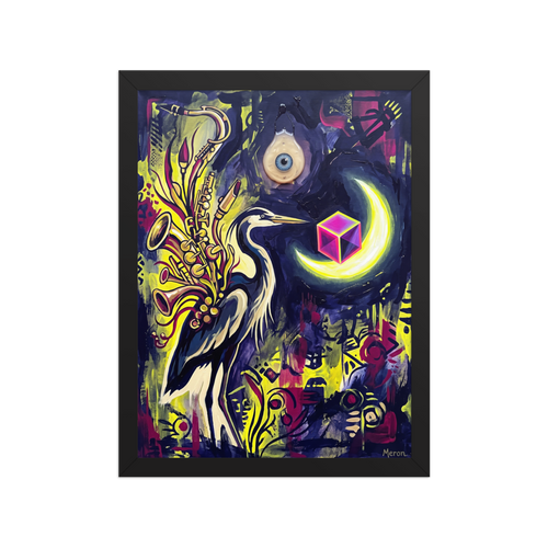 Psychedelic surreal painting of a heron with saxophone wings in a music lounge. 'Jazz Heron Nocturne', a Surrealism print for the wall.