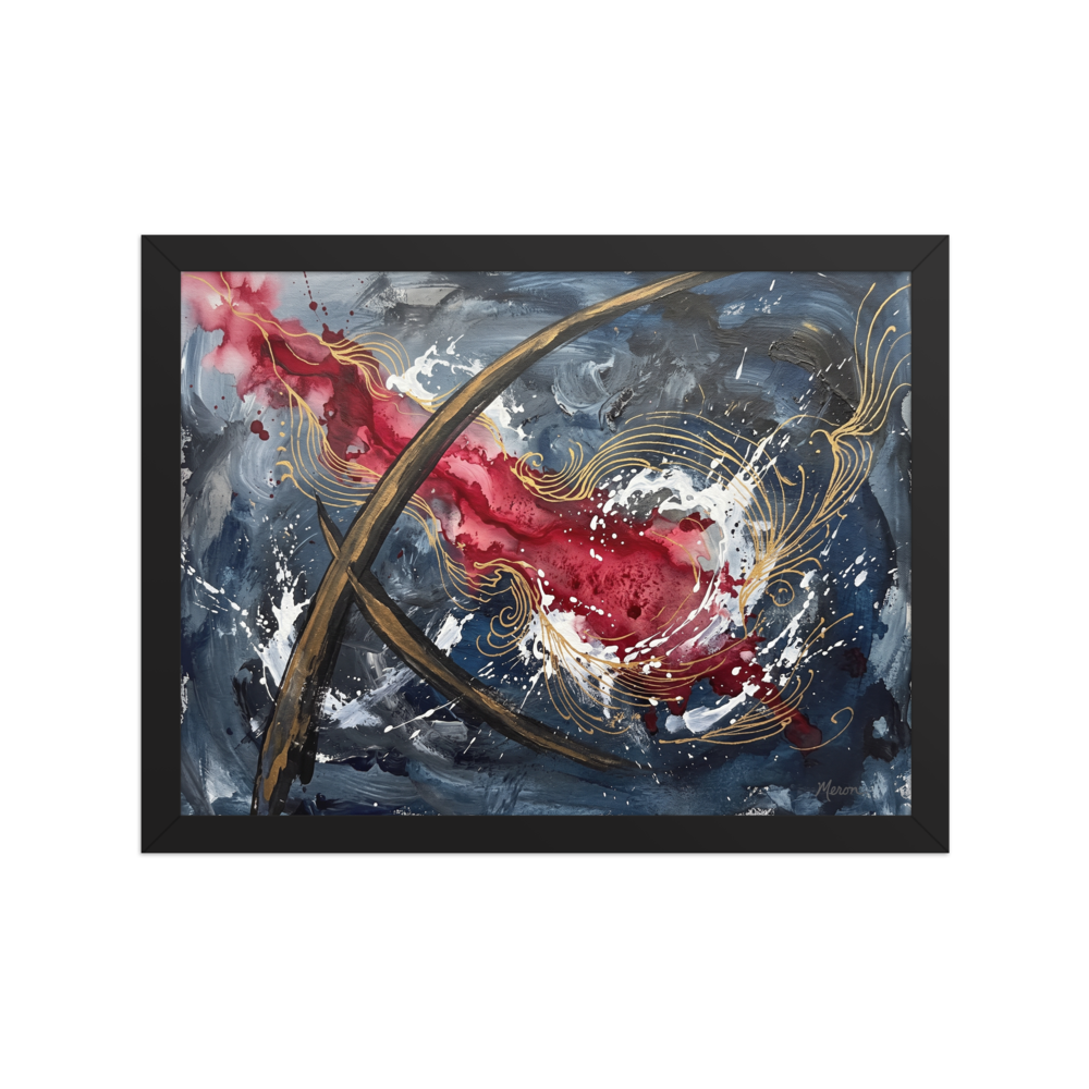 Abstract expressionism wall art for the living room, 'Crimson Arcs & Slate Echoes'. A dynamic abstract expressionist print featuring crimson red washes and metallic gold swirling lines against slate blue and white splatters for a modern living room statement wall.