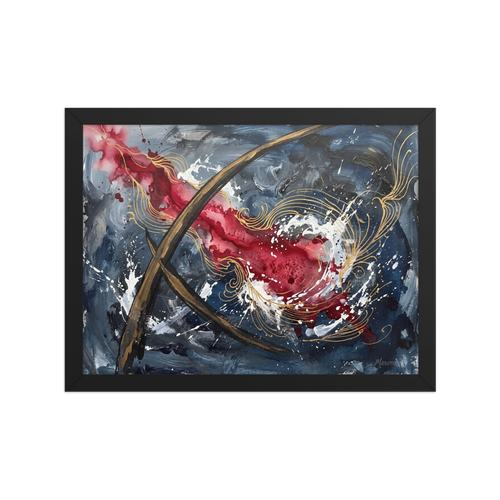 Abstract expressionism wall art for the living room, 'Crimson Arcs & Slate Echoes'. A dynamic abstract expressionist print featuring crimson red washes and metallic gold swirling lines against slate blue and white splatters for a modern living room statement wall.