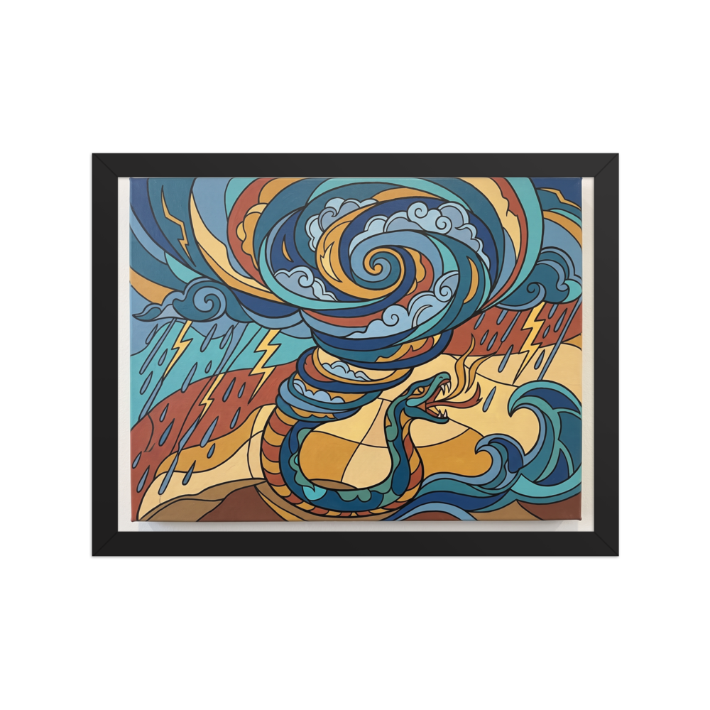 A stained-glass style painting of a serpent summoning a storm vortex in a Game Room decor setting. A Art Nouveau art print titled 'Quetzalcoatl's Tempest'.