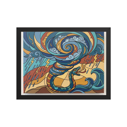 A stained-glass style painting of a serpent summoning a storm vortex in a Game Room decor setting. A Art Nouveau art print titled 'Quetzalcoatl's Tempest'.