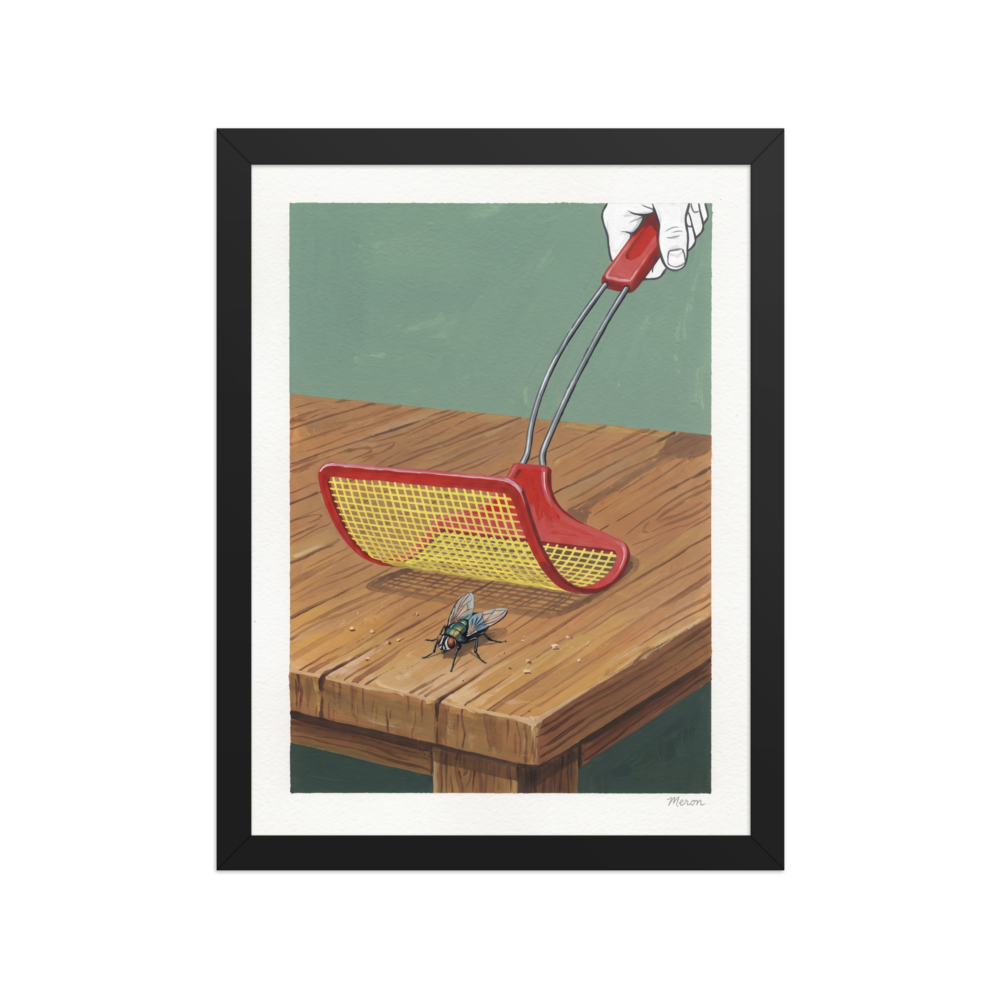 Quirky pop illustration of a red fly swatter about to swat a fly on a wooden table, ideal for kitchen wall art. A amusement / humorous piece titled 'The Impending Strike'.