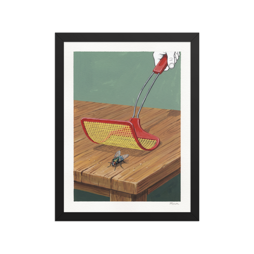 Quirky pop illustration of a red fly swatter about to swat a fly on a wooden table, ideal for kitchen wall art. A amusement / humorous piece titled 'The Impending Strike'.