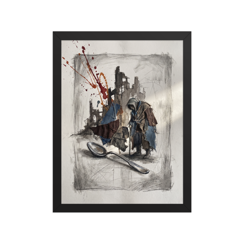 An expressive mixed-media drawing featuring a hooded figure made of fabric rags standing by a giant spoon amidst charcoal ruins with a splash of red paint, ideal for a studio. A Transgressive art print in gray and brown, 'The Weight of the Spoon'.
