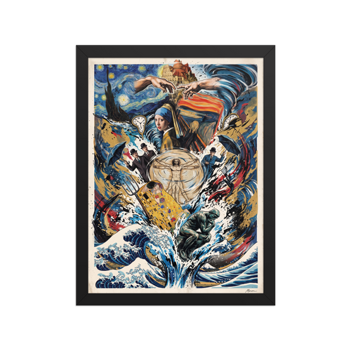 A wonder / awe scene in blue and gold, 'Symphony of Masterpieces'. An grand art history collage featuring Van Gogh's Starry Night, Hokusai's Great Wave, and Michelangelo's hands, perfect for an elegant living room wall.