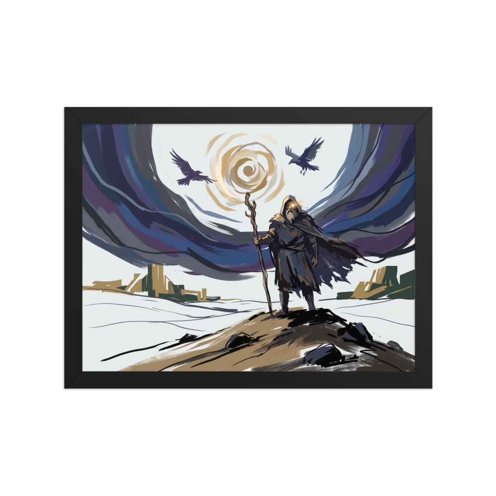 A digital illustration of Odin wandering in a snowy landscape with two ravens and a glowing sky, ideal for a cozy Den or Office. 'The Wanderer's Eye', a Digital art print for the wall.