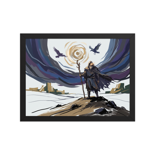 A digital illustration of Odin wandering in a snowy landscape with two ravens and a glowing sky, ideal for a cozy Den or Office. 'The Wanderer's Eye', a Digital art print for the wall.