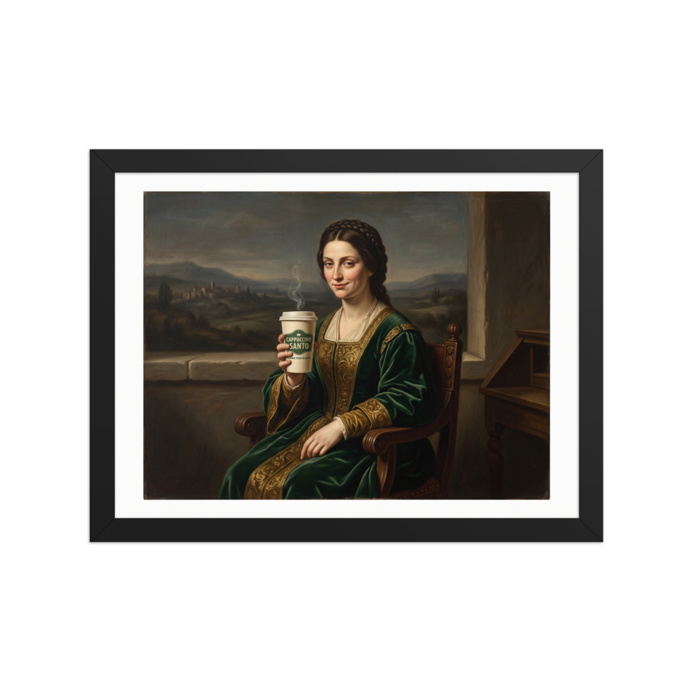 An oil painting of a Renaissance lady in a green velvet gown with a Mona Lisa smile holding a steaming paper coffee cup labeled Cappuccino Santo, perfect for a kitchen or dining room. A Renaissance art print titled 'Cappuccino Santo'.