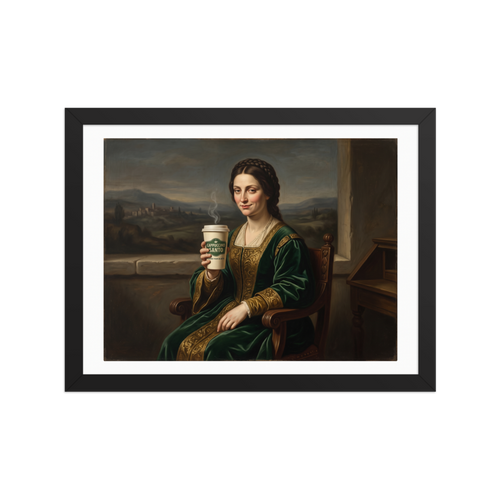 An oil painting of a Renaissance lady in a green velvet gown with a Mona Lisa smile holding a steaming paper coffee cup labeled Cappuccino Santo, perfect for a kitchen or dining room. A Renaissance art print titled 'Cappuccino Santo'.