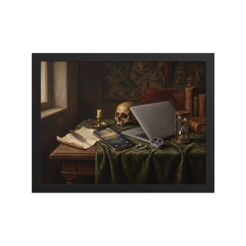 'Digital Vanitas', a Vanitas wall art print. A dark oil painting in the classical Vanitas style showing a skull, hourglass, and candle resting on a green tablecloth beside a modern laptop and smartphone, ideal for an office.