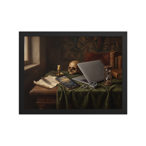 'Digital Vanitas', a Vanitas wall art print. A dark oil painting in the classical Vanitas style showing a skull, hourglass, and candle resting on a green tablecloth beside a modern laptop and smartphone, ideal for an office.