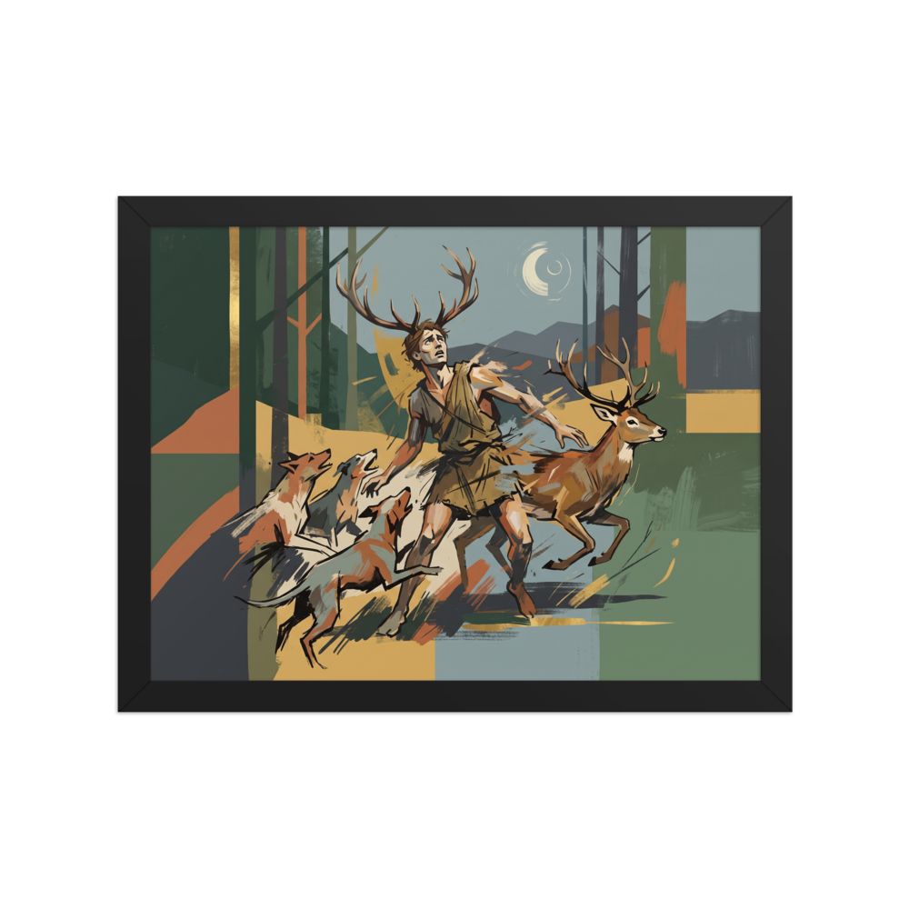 Modern graphic art print depicting the myth of Actaeon transforming into a stag, ideal for a office wall. Available as the Modernism art print 'Actaeon's Fate'.
