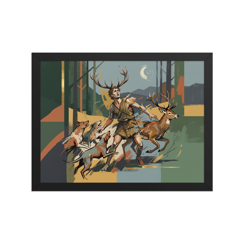 Modern graphic art print depicting the myth of Actaeon transforming into a stag, ideal for a office wall. Available as the Modernism art print 'Actaeon's Fate'.
