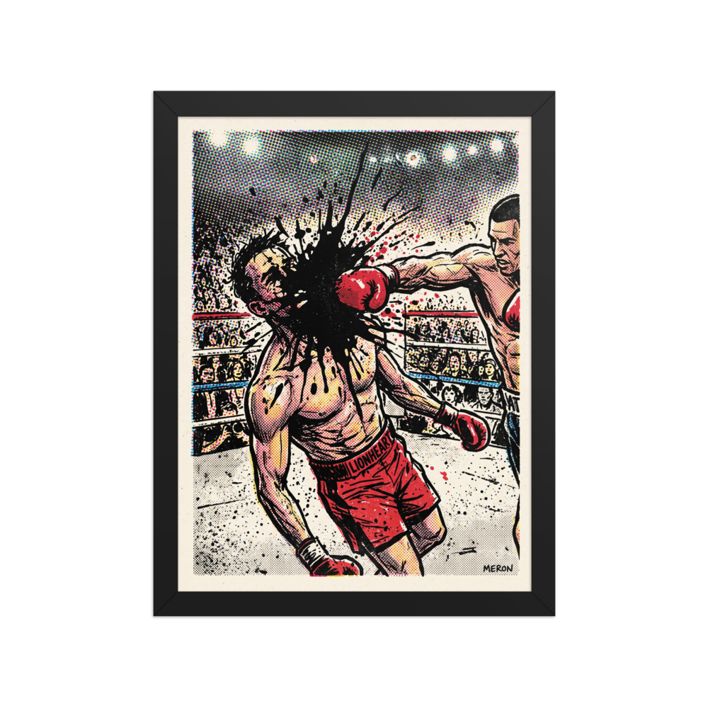 Vintage comic book halftone print of a boxing knockout punch with black ink splatter impact, ideal wall art for a gym or man cave. Shown here as the Pop art print 'Halftone Knockout: Lionheart'.