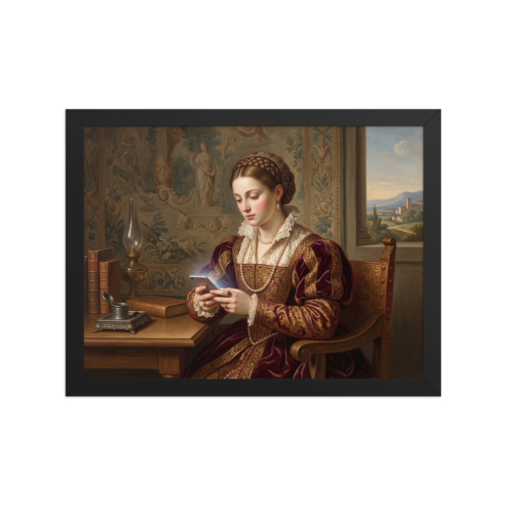 A intimate / connectedness Renaissance print, 'The Digital Epistle'. An oil painting of a Renaissance noblewoman in crimson velvet and pearls looking down at the soft glow of a smartphone by a table with books, fitting for a living room or bedroom.