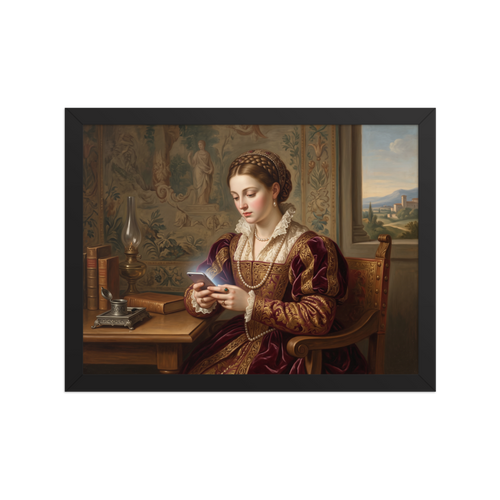 A intimate / connectedness Renaissance print, 'The Digital Epistle'. An oil painting of a Renaissance noblewoman in crimson velvet and pearls looking down at the soft glow of a smartphone by a table with books, fitting for a living room or bedroom.