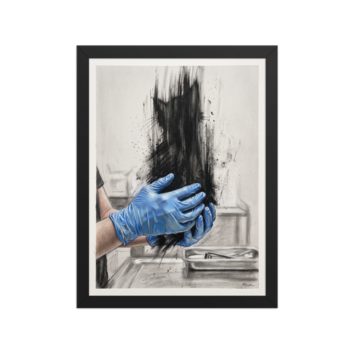 Surreal pencil and charcoal illustration of blue gloved hands holding a cat silhouette dissolving into dark ink strokes, suitable for clinic or studio wall art. Shown here as the Surrealism print 'Ephemeral Feline Examination'.