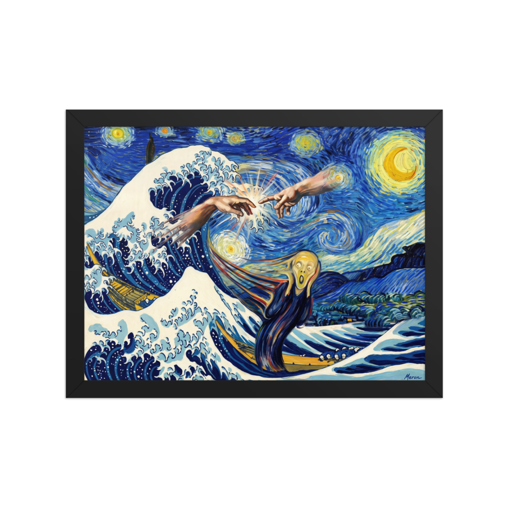 The Post-Impressionism print 'Cosmic Collision of Masterpieces'. Surreal art mashup poster combining Van Gogh's Starry Night sky, Hokusai's Great Wave, Creation of Adam hands, and Munch's Scream figure, ideal for living room wall art.