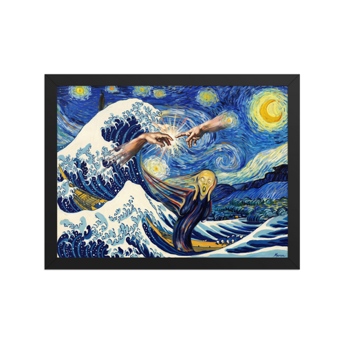 The Post-Impressionism print 'Cosmic Collision of Masterpieces'. Surreal art mashup poster combining Van Gogh's Starry Night sky, Hokusai's Great Wave, Creation of Adam hands, and Munch's Scream figure, ideal for living room wall art.