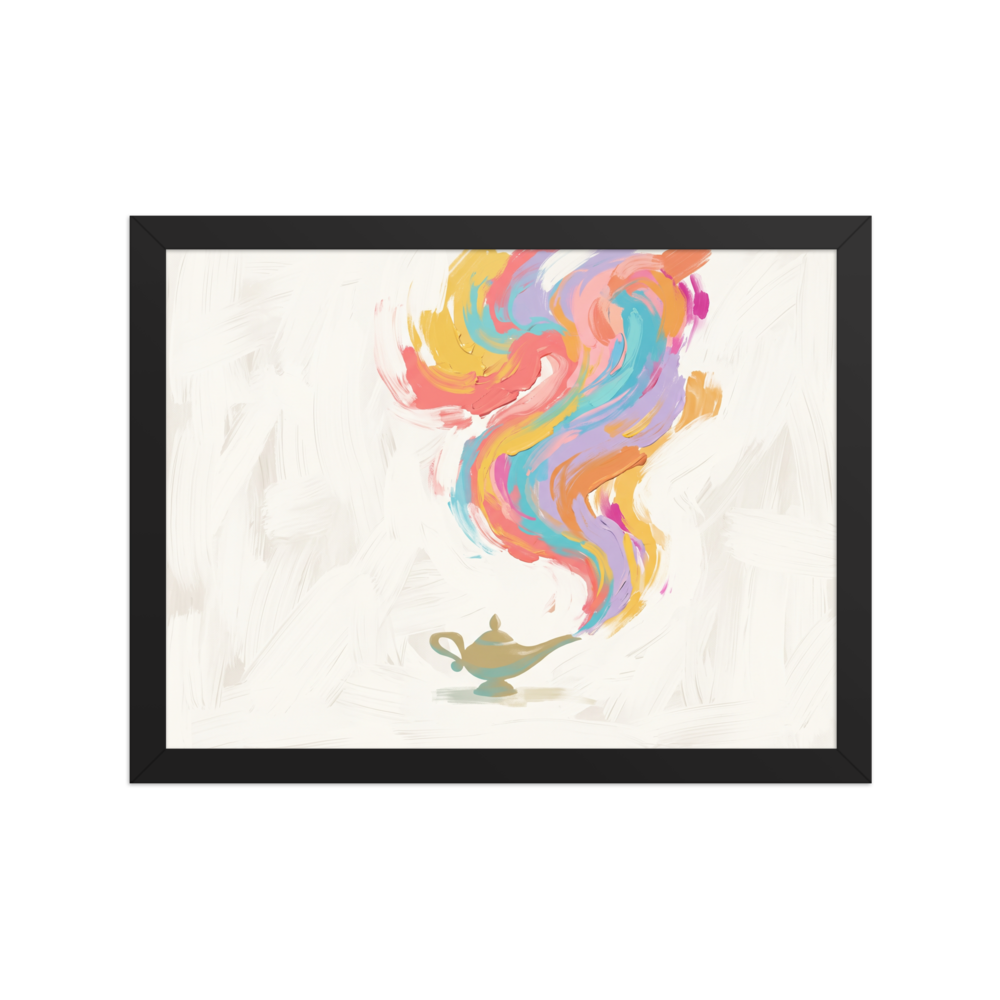'Genie's Release', part of Meron's Abstract art wall art. A minimalist painting of a brass genie lamp releasing colorful smoke in a living room on a neutral backdrop.