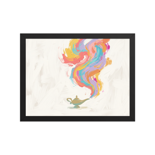 'Genie's Release', part of Meron's Abstract art wall art. A minimalist painting of a brass genie lamp releasing colorful smoke in a living room on a neutral backdrop.