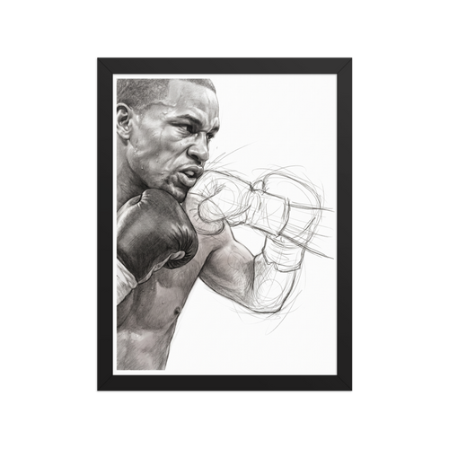 Dynamic graphite pencil sketch of a boxer mid-punch with sweat detail, perfect wall art for a gym or man cave. 'Kinetic Punch', a Realism print for the wall.
