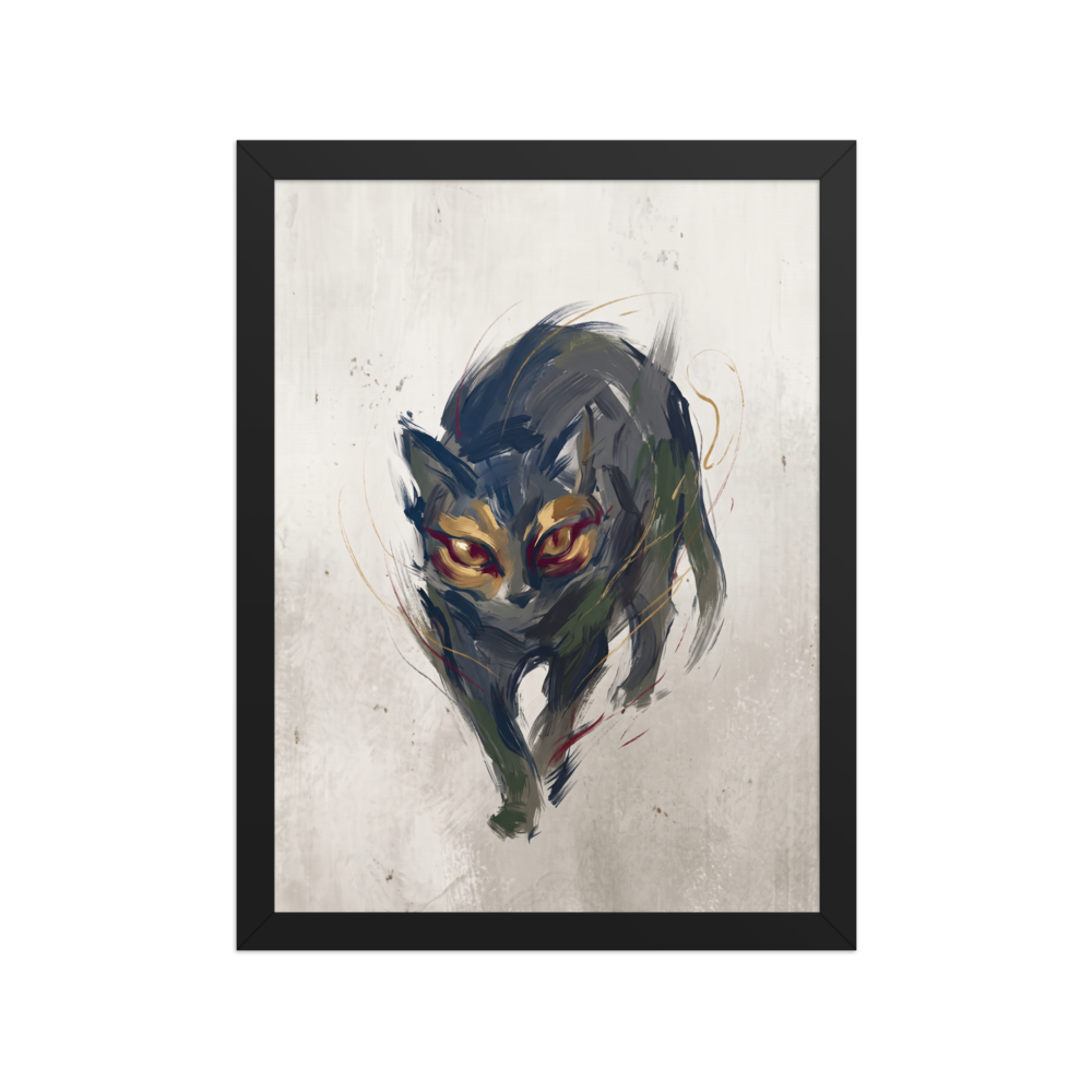 'Eyes of Bastet', a Expressionism wall art print. Expressive artwork of a shadowy mythological black cat with piercing golden eyes for a hallway or bedroom wall.