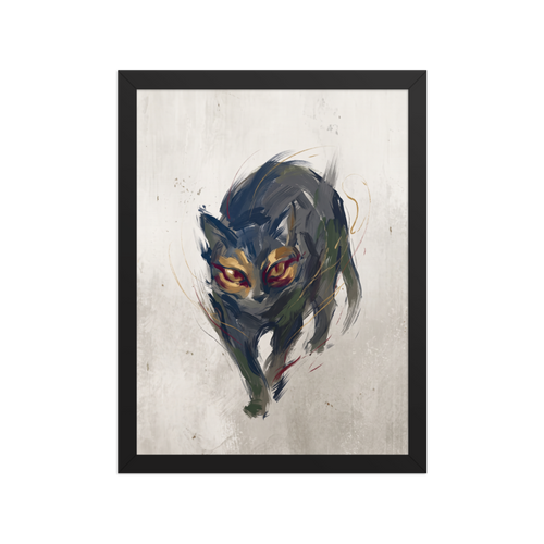 'Eyes of Bastet', a Expressionism wall art print. Expressive artwork of a shadowy mythological black cat with piercing golden eyes for a hallway or bedroom wall.