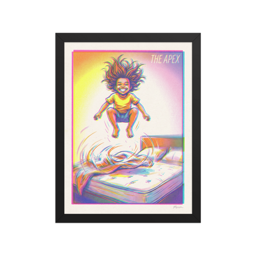 A vibrant illustration of a child jumping high off a bed titled The Apex, ideal for playroom wall art. Available as the Pop art art print 'The Apex'.