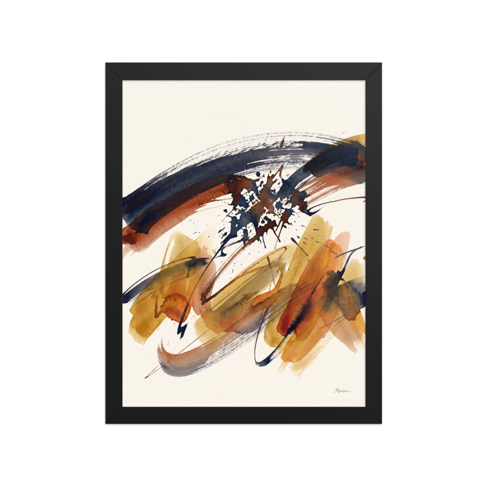 'Sienna Momentum', part of Meron's Abstract art wall art. An abstract watercolor composition with sweeping ochre and navy ink strokes against a textured cream background in a living room.