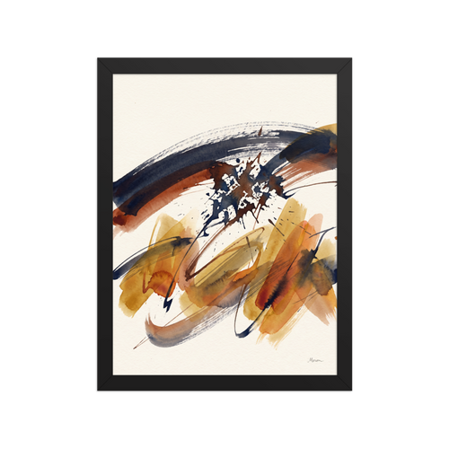 'Sienna Momentum', part of Meron's Abstract art wall art. An abstract watercolor composition with sweeping ochre and navy ink strokes against a textured cream background in a living room.