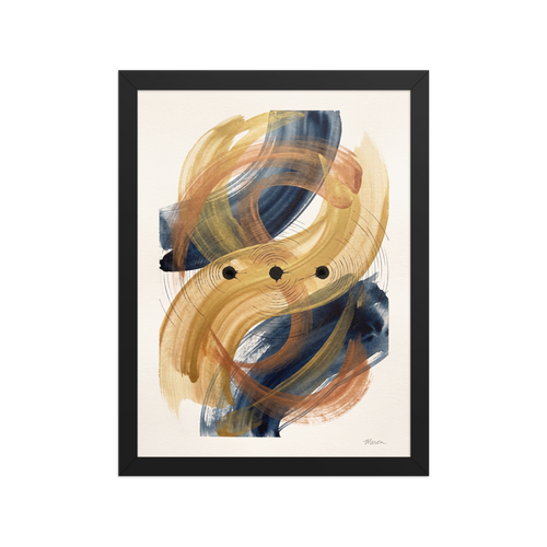 A elegant scene in gold and navy, 'Orbital Equilibrium'. Fluid gold and navy watercolor brushstrokes with concentric geometric lines surrounding three black nodes in a dining room wall art piece.