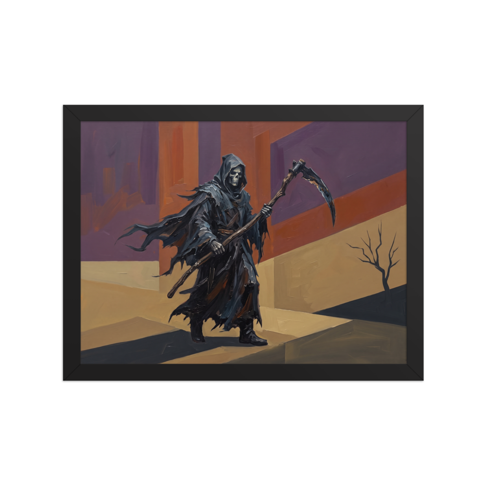 A brooding Expressionism print, 'Passage of the Reaper'. An expressive oil painting of the Grim Reaper with a scythe in a dark academia hallway wall art design.