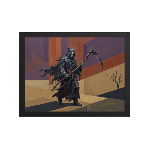 A brooding Expressionism print, 'Passage of the Reaper'. An expressive oil painting of the Grim Reaper with a scythe in a dark academia hallway wall art design.