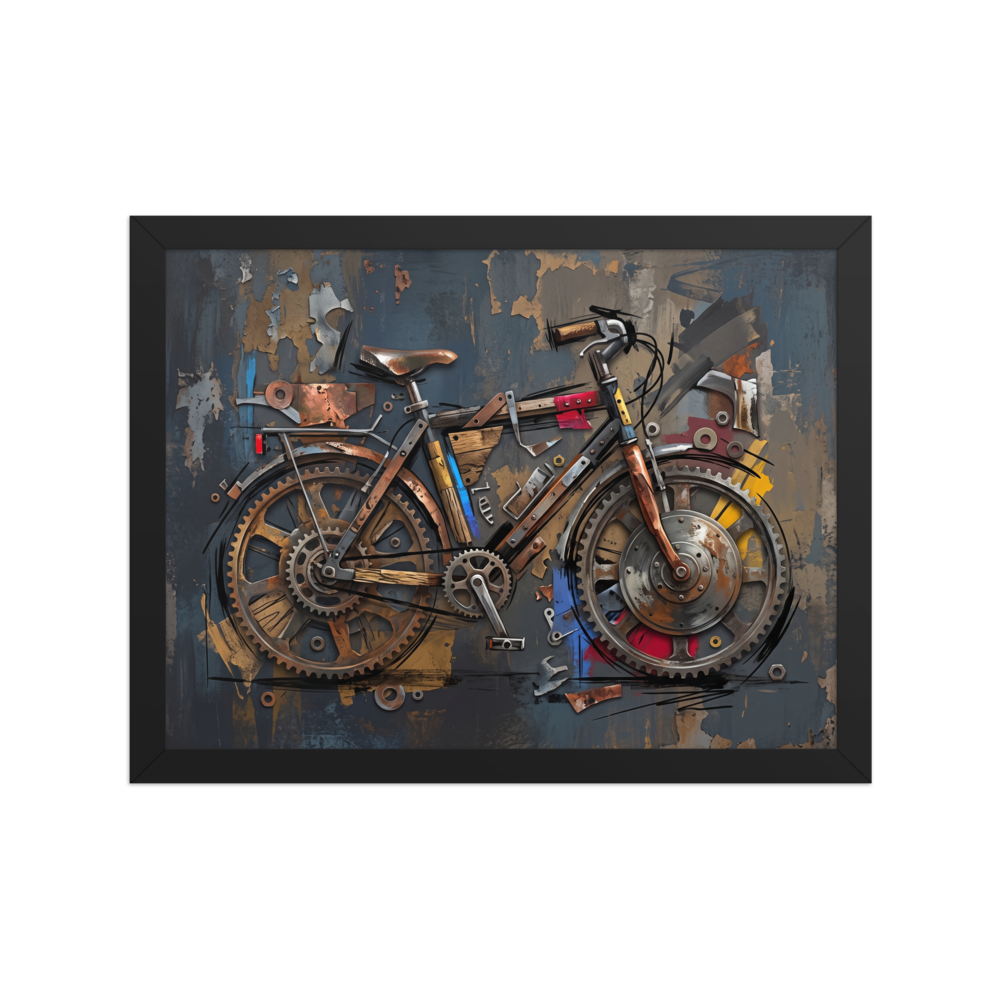 Dau-al-Set wall art exploring retro/vintage, 'Mechanical Cadence'. An assemblage and industrial painting of a bicycle built from layered gears, cogs, and wood planks against a distressed slate grey wall, perfect for a man cave or office.