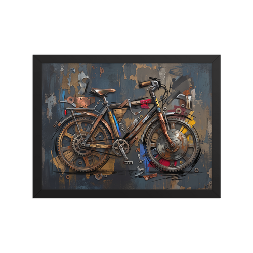 Dau-al-Set wall art exploring retro/vintage, 'Mechanical Cadence'. An assemblage and industrial painting of a bicycle built from layered gears, cogs, and wood planks against a distressed slate grey wall, perfect for a man cave or office.