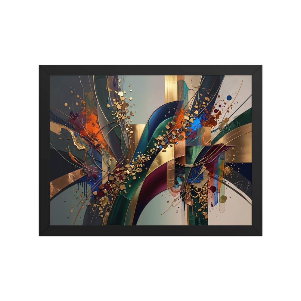 A striking luxury abstract composition of golden ribbons, dark green brushstrokes, and metallic fragments, perfect for elevating a boardroom or living room. Shown here as the Abstract expressionism print 'Golden Trajectory and Flow'.