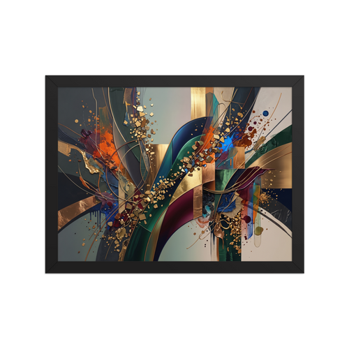 A striking luxury abstract composition of golden ribbons, dark green brushstrokes, and metallic fragments, perfect for elevating a boardroom or living room. Shown here as the Abstract expressionism print 'Golden Trajectory and Flow'.